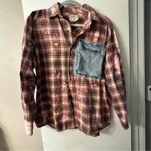 Red Head Up Cycled Button down -  Denim Pocket and Denim Peace Sign Y2K Size M